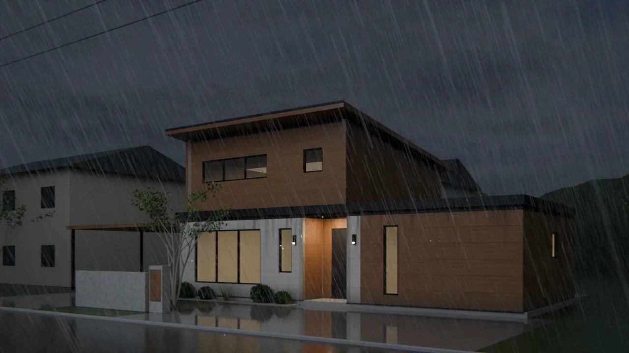 บ้านสองชั้นผนัง Nichiha สีขาวและลายไม้ กลางพายุฝนยามพลบค่ำ ภาพเปิดของวิดีโอผนัง LGS