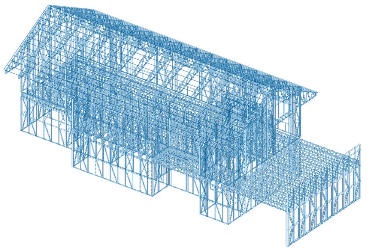 โมเดลสามมิติของโครงเหล็ก ProFrame ทั้งหลังในโปรแกรม ScotSteel มองจากมุมสูง เห็นแผงผนัง ตงพื้น และโครงถักหลังคาทุกชิ้น