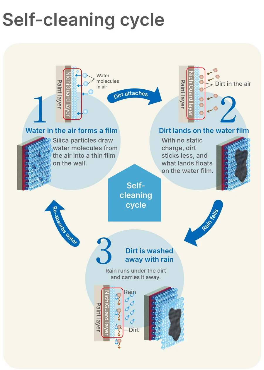 The NichiGuard self-cleaning cycle in three steps: silica particles in the NichiGuard layer pull water from the air into a thin film, dirt lands on the film instead of the paint, and rain runs under the dirt and carries it away before the film re-forms.