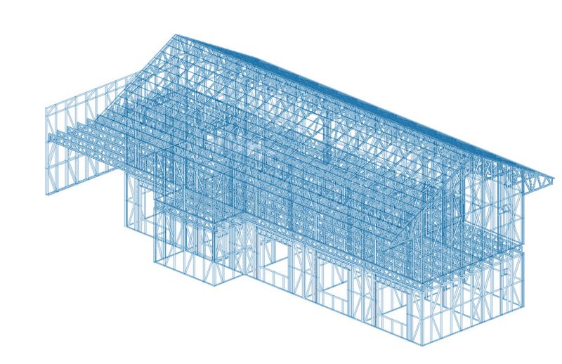 โมเดลสามมิติของโครงเหล็ก ProFrame ทั้งหลัง ทั้งผนัง ตงพื้น และโครงหลังคา ในโปรแกรม ScotSteel